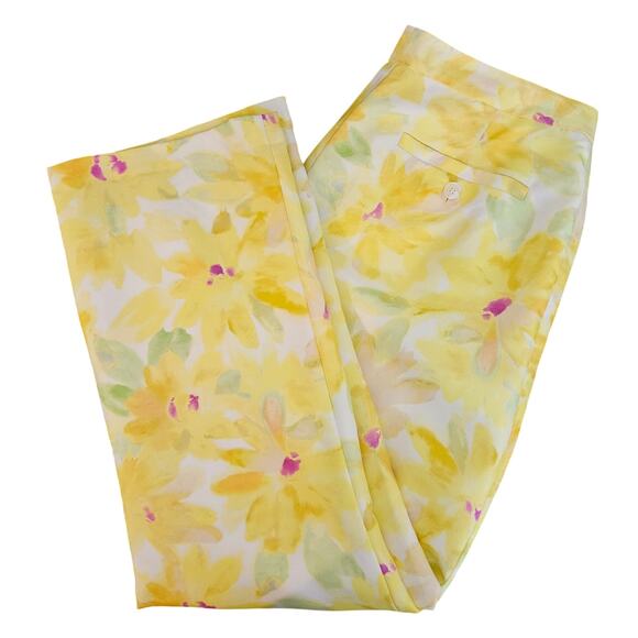 Ann Taylor Vintage Silk Spring Easter Yellow Floral Pants | Women's 6 - Picture 1 of 16